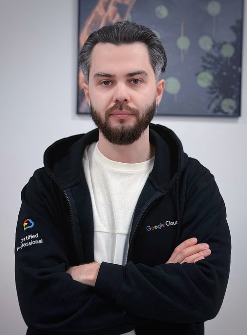 Serhii Puzyrov, founder of AskYourAds, wearing a Google Cloud Certified Professional hoodie